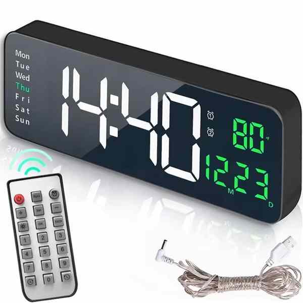 Green Large Large Digital Wall Clock With Day And Date Temp Remote LED